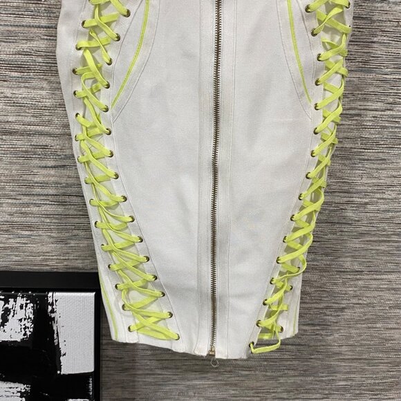 🔥🔥Gold Label Wow Couture Mini Bodycon Dress Neon Yellow Lace-Up Details Size M - Picture 9 of 14